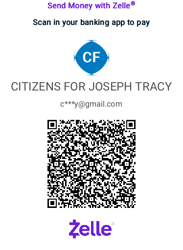 Zelle QR code for Citizens for Joseph Tracy. Scan in your banking app to send a contribution.